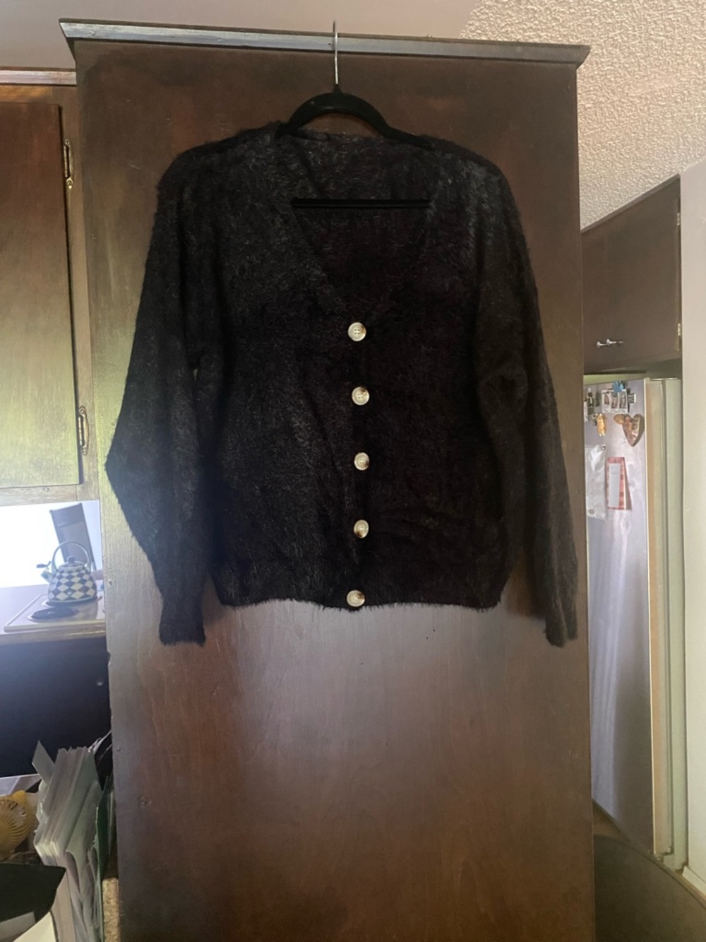 Black Fuzzy Button-Front Women’s Cardigan Sweater